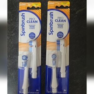 Lot 2 Spinbrush Pro Clean Dual Action 4 Replacent Heads Soft Bristle Toothbrush